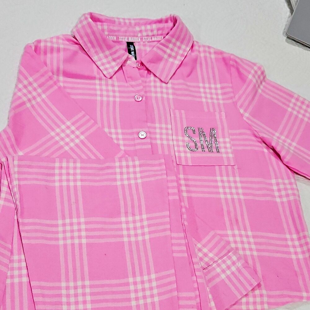Steve Madden Women SzM Pink Plaid Pajama Set Button Down Top & Pants Rhinestone